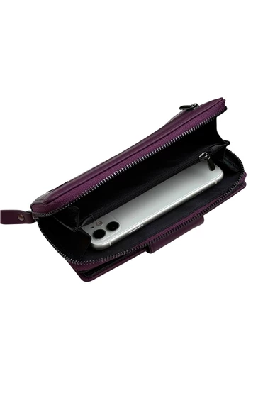 Mor Hakiki Deri Mıknatıslı ve Fermuarlı Kadın Portföy Cüzdan - Resim 3