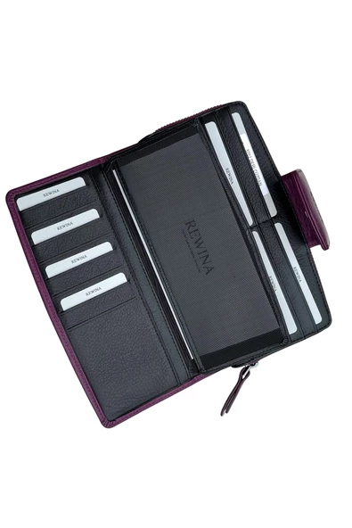 Mor Hakiki Deri Mıknatıslı ve Fermuarlı Kadın Portföy Cüzdan - Resim 5