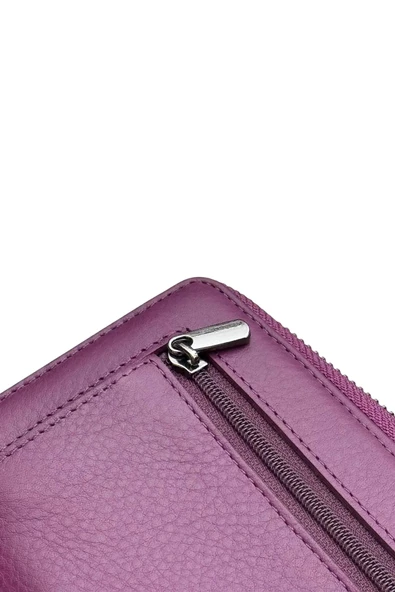 Mor Hakiki Deri Mıknatıslı ve Fermuarlı Kadın Portföy Cüzdan - Resim 8