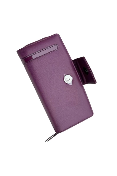 Mor Hakiki Deri Mıknatıslı ve Fermuarlı Kadın Portföy Cüzdan - Resim 6