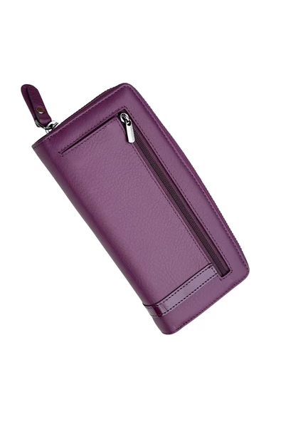 Mor Hakiki Deri Mıknatıslı ve Fermuarlı Kadın Portföy Cüzdan - Resim 7