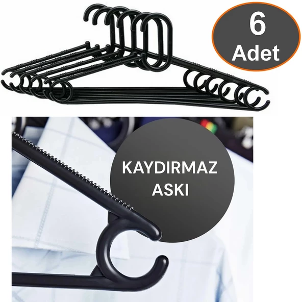 KAYDIRMAZ Elbise Askısı Fular Askısı Gömlek Tişört Askısı Kırılmaz 6 Adet Set Siyah Pantolon Askı