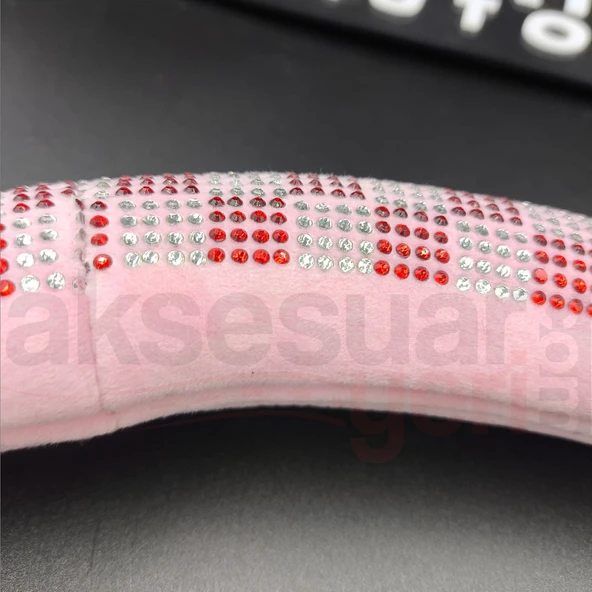 Tay Tüyü Peluş Taşlı Geçme Direksiyon Kılıfı-Spor Görünüm-Pembe-İç 32-Dış 38cm - 5