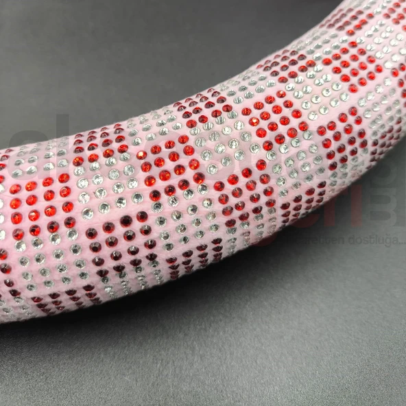 Tay Tüyü Peluş Taşlı Geçme Direksiyon Kılıfı-Spor Görünüm-Pembe-İç 32-Dış 38cm - 4