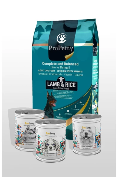 Kuzu Etli ve Pirinçli Kuru Köpek Maması 15 Kg. + 1 Adet 415 Gr. Konserve