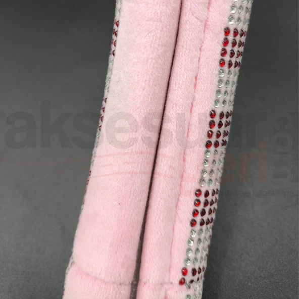 Tay Tüyü Peluş Taşlı Geçme Direksiyon Kılıfı-Spor Görünüm-Pembe-İç 32-Dış 38cm - 2