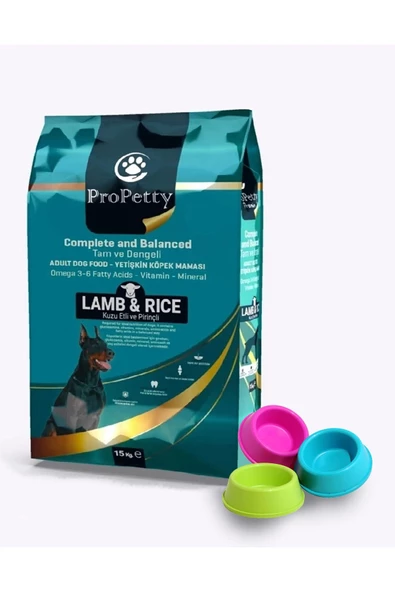 Kuzu Etli Ve Pirinçli Yetişkin Kuru Köpek Maması 15 Kg. & Mama Kabı Hediye.