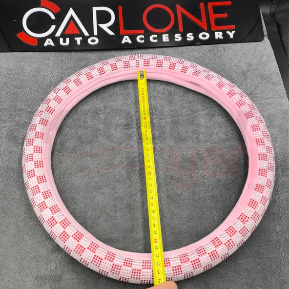 Tay Tüyü Peluş Taşlı Geçme Direksiyon Kılıfı-Spor Görünüm-Pembe-İç 32-Dış 38cm - 3