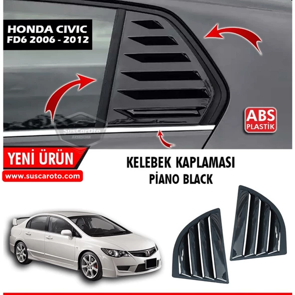 Honda Civic FD6 2006-2011 Uyumlu Kelebek Cam Izgarası Kelebek Cam Vizörü Havalandırma Sağ Sol Takım Parlak Siyah ürün görseli