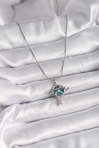 Gümüş Renk Zincir Zirkon Taşlı Gezegen Model Kadın Kolye - EBJ241123W29326 - Resim 2
