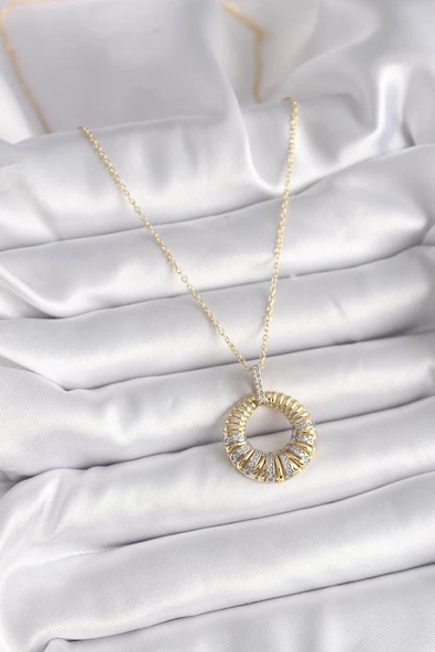 Gold Renk Zincir Gümüş Zirkon Taşlı Daire Model Kadın Kolye - EBJ241123W29329 - Resim 2