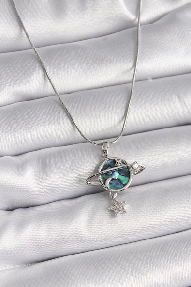 Gümüş Renk Zincir Zirkon Taşlı Gezegen Model Kadın Kolye - EBJ241123W29326 ürün görseli