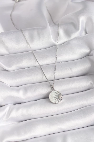 Gümüş Renk Zincir Beyaz Sedefli Gün Batımı Model Kadın Kolye - EBJ241123W29331 - Resim 2
