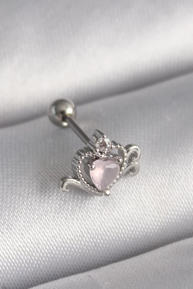 Gümüş Renk Pembe Mineli Kalp Zirkon Taş Detay Tragus Piercing - EBJ241123W29412 ürün görseli