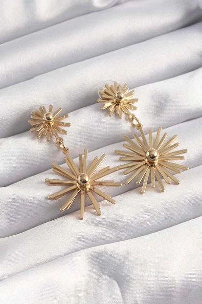 Gold Renk Topçuk Detay Çiçek Küpe - EBJ241123W28281 - Resim 2