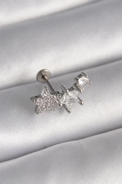 Gümüş Renk Zirkon Taşlı Yıldız Model Tragus Piercing - EBJ241123W29490