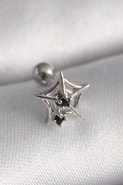 Gümüş Renk Siyah Zirkon Taş Detay Örümcek Ağ Model Tragus Piercing - EBJ241123W29444 ürün görseli