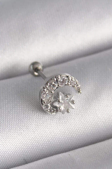 Gümüş Renk Zirkon Taşlı Ay Yıldız Tragus Piercing - EBJ241123W29408 ürün görseli