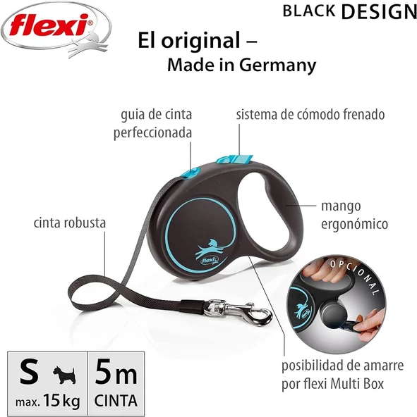 Flexi Black Design 5M Şerit S Mavi Otomatik Köpek Gezdirme Tasması