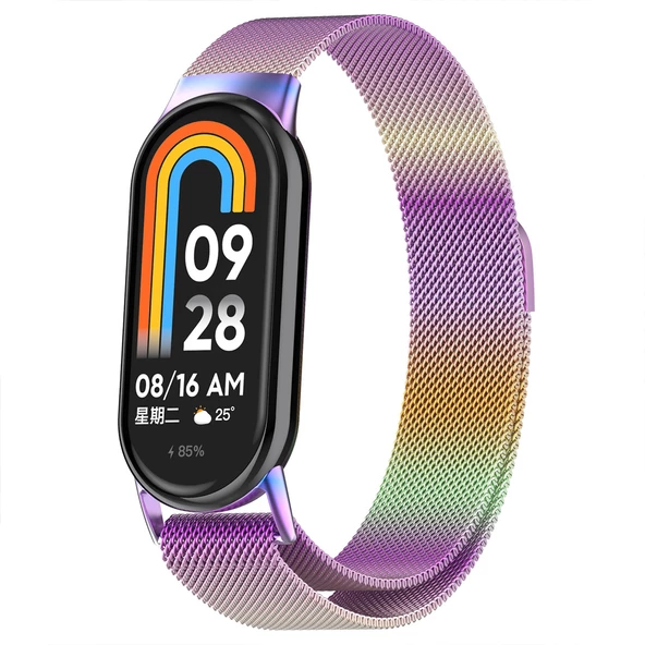 Sneezy Xiaomi Mi Band 8 Uyumlu Metal Hasır Kordon  Gökkuşağı