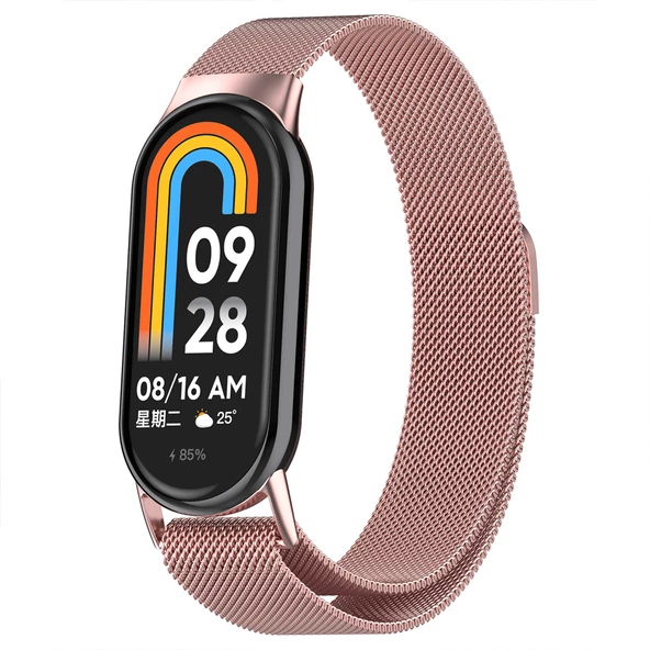 Sneezy Xiaomi Mi Band 8 Uyumlu Metal Hasır Kordon  Rose