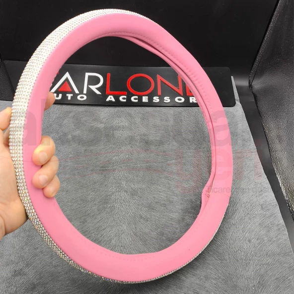 Pembe Deri Üzerine Elmas Taş İşlemeli Geçme Direksiyon Kılıfı-Spor Görünüm-38cm - 3