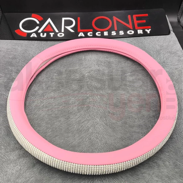 Pembe Deri Üzerine Elmas Taş İşlemeli Geçme Direksiyon Kılıfı-Spor Görünüm-38cm - 2