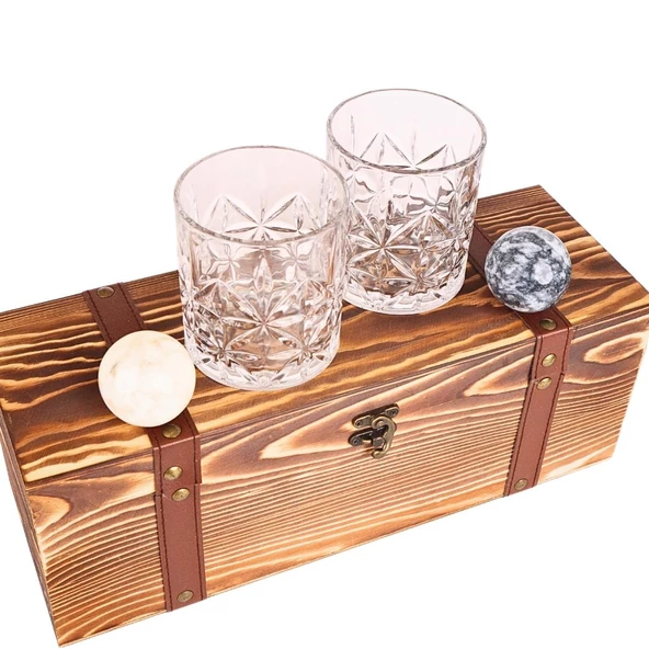 Perlotus 2’li Kristal Viski Bardağı Küre Mermer Viski Taşı Seti Sandıkta Yeniyıl Hediyesi - 6