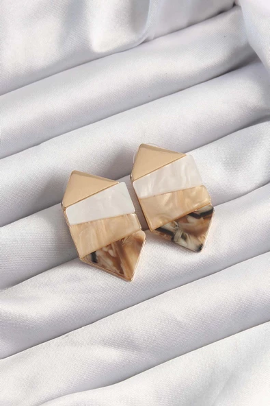 Pirinç Bej Beyaz Renkli Desenli Geometrik Küpe - Resim 2