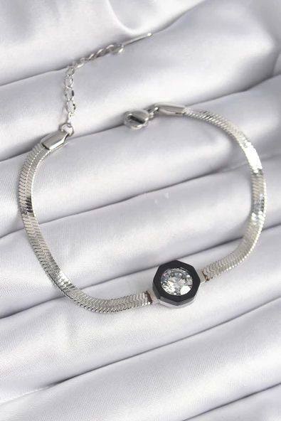 316L Çelik Gümüş Renk Zirkon Taşlı İtalyan Zincir Model Kadın Bileklik ürün görseli 1