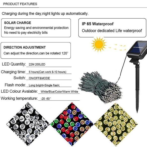 Solar Güneş Enerjili Dış Bahçe 8 Modlu 20Metre 200 Led Aydınlatma - 2