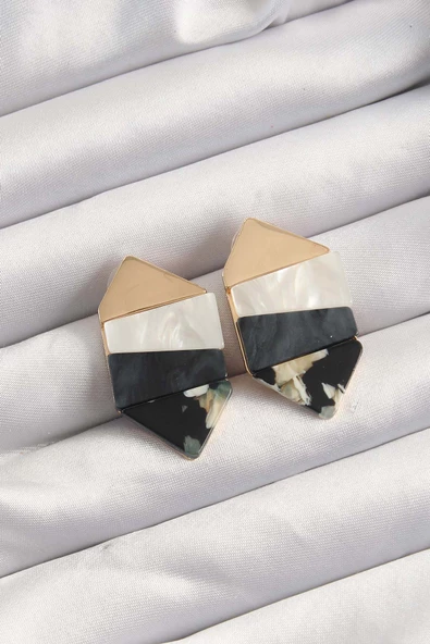 Pirinç Siyah Beyaz Renkli Desenli Geometrik Küpe - Resim 2