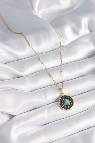 316L Çelik Gold Renk Mavi Boncuk Güneş İşleme Madalyon Model Kadın Kolye - Resim 2