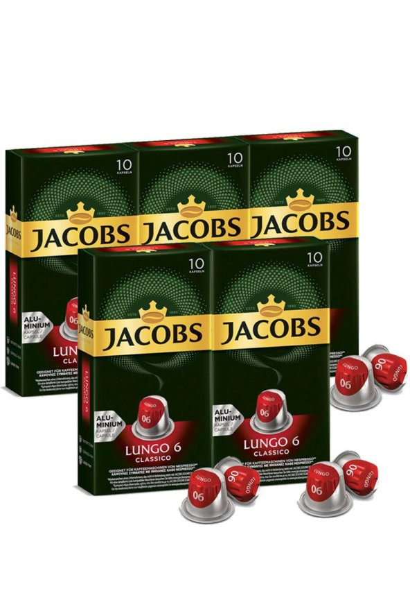 Jacobs Lungo 6 Classico Kapsül Kahve 10 x 5 Paket (50 Adet) Nespresso Uyumlu