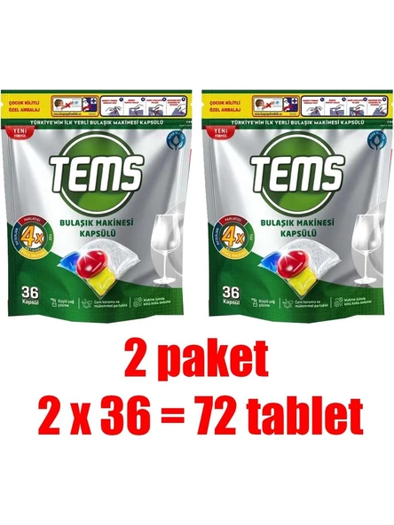 Tems 4 Etkili Bulaşık Makinesi Kapsül Deterjanı 2x 36'lı