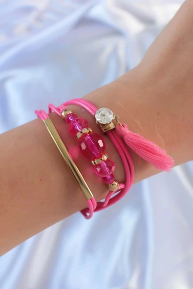 Pembe Zirkon Taşlı İpli Püskül Detay Çoklu Bileklik
