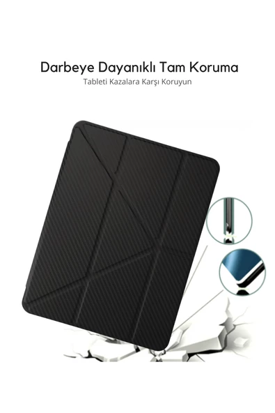 iPad Air 5 (2022) Uyumlu Renkli Karbon Trifolding Kalem Bölmeli Tablet Kılıfı - Resim 4
