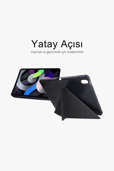 iPad Air 4 10.9 inç Uyumlu Renkli Karbon Trifolding Kalem Bölmeli Tablet Kılıfı - Resim 12