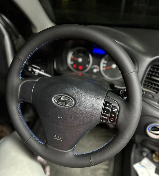 Hyundai Accent Era Araca Özel Direksiyon Kılıfı (NAPA DERİ MAVİ DİKİŞLİ) - Resim 2