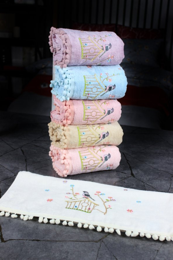 BEGENALHOME Kadife Ponponlu Light Kuş 6lı El ve Yüz Havlu Seti50 x 90 cm Pamuklu - 2