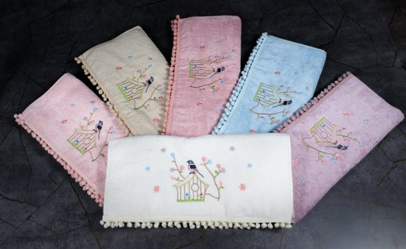 BEGENALHOME Kadife Ponponlu Light Kuş 6lı El ve Yüz Havlu Seti50 x 90 cm Pamuklu - 3