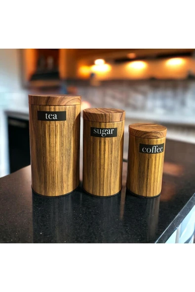 Bambu Görünümlü Kapak ve 3'lü Dama Desenli Metal Kavanoz Seti - 2