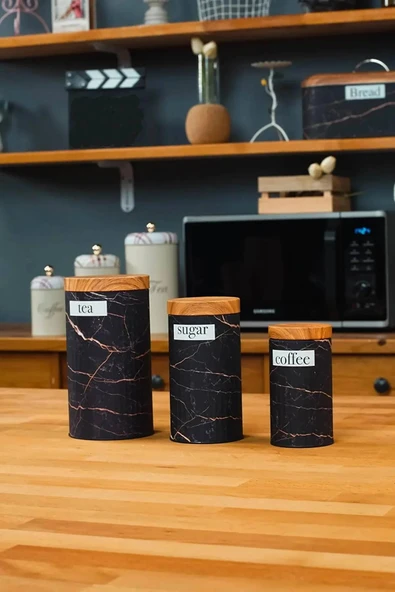 Bambu Görünümlü Kapak ve 3'lü Dama Desenli Metal Kavanoz Seti - 12