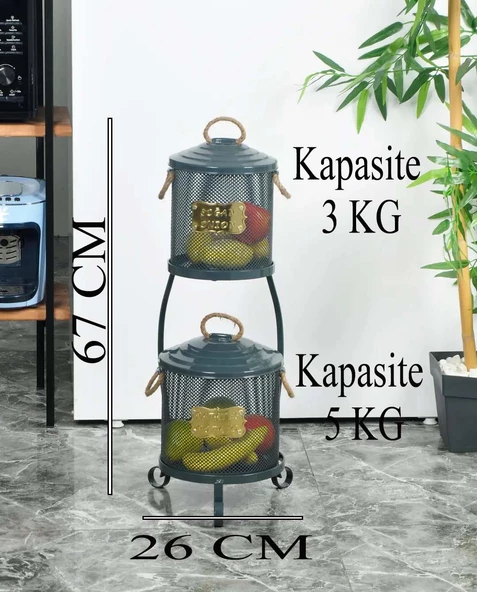 Metal Patates Soğan Kovası 2 Katlı Fileli Antrasit Renk - Resim 3