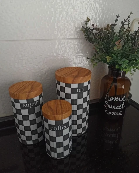 Bambu Görünümlü Kapak ve 3'lü Dama Desenli Metal Kavanoz Seti - 11