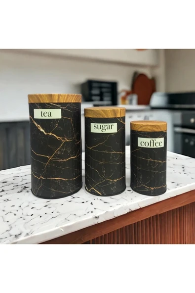 Bambu Görünümlü Kapak ve 3'lü Dama Desenli Metal Kavanoz Seti - 7
