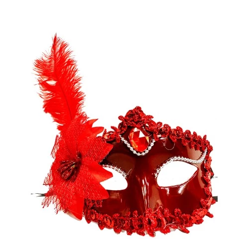 Periboia Kırmızı Güllü ve Tüylü Venedik Maskesi