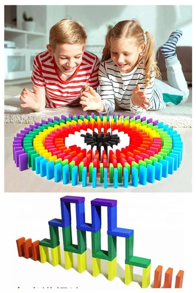 Domino Oyunu Eğitici 100 Parça 1 Paket 100 lü Ahşap Renkli Domino Taşı Akıl Zeka Mantık ve Strateji Oyunu Okul Öncesi - 2