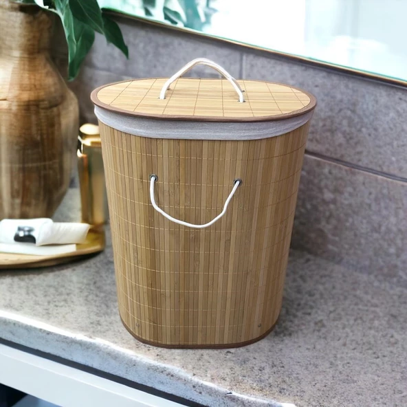 Katlanılabilir Oval Bambu Kirli Çamaşır Sepeti - 2
