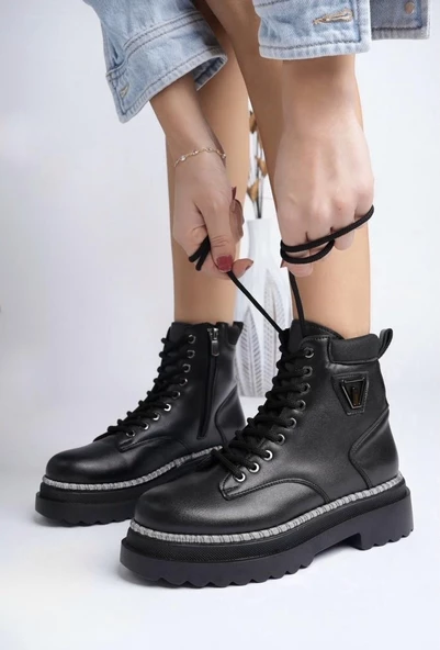 Potinonline K35 Kadın Kalın Taban Sim Detay Kısa Postal Bot - 6